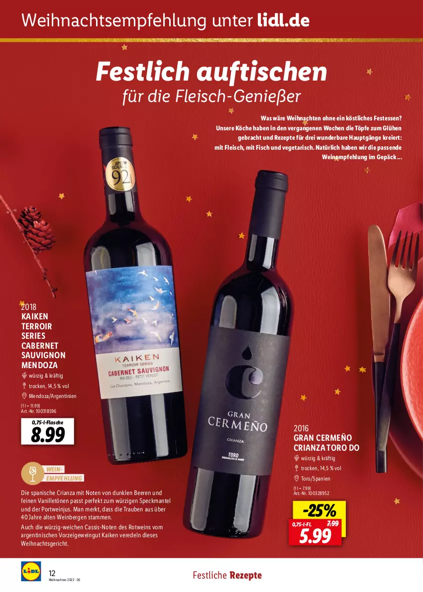 Aktueller Prospekt Lidl - Entspannte Adventszeit - von 09.11 bis 30.11.2022 - strona 12 - produkty: beere, beeren, cabernet, cabernet sauvignon, cassis, eier, eis, fisch, flasche, fleisch, Mantel, Portwein, rezept, rezepte, Ria, rotwein, sauvignon, Speck, Ti, tisch, trauben, vanille, Vegeta, weihnachten, wein, weine