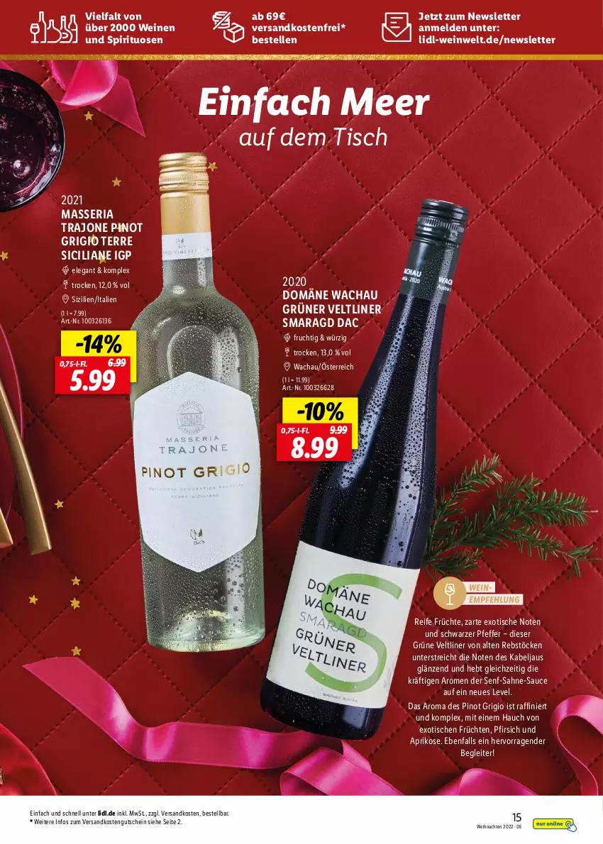 Aktueller Prospekt Lidl - Entspannte Adventszeit - von 09.11 bis 30.11.2022 - strona 15 - produkty: aprikose, elle, frucht, früchte, früchten, grüner veltliner, gutschein, ndk, pfeffer, pfirsich, Pinot, pinot grigio, Ria, sahne, sauce, senf, spirituosen, Ti, tisch, versandkostenfrei, weihnachten, wein, weine