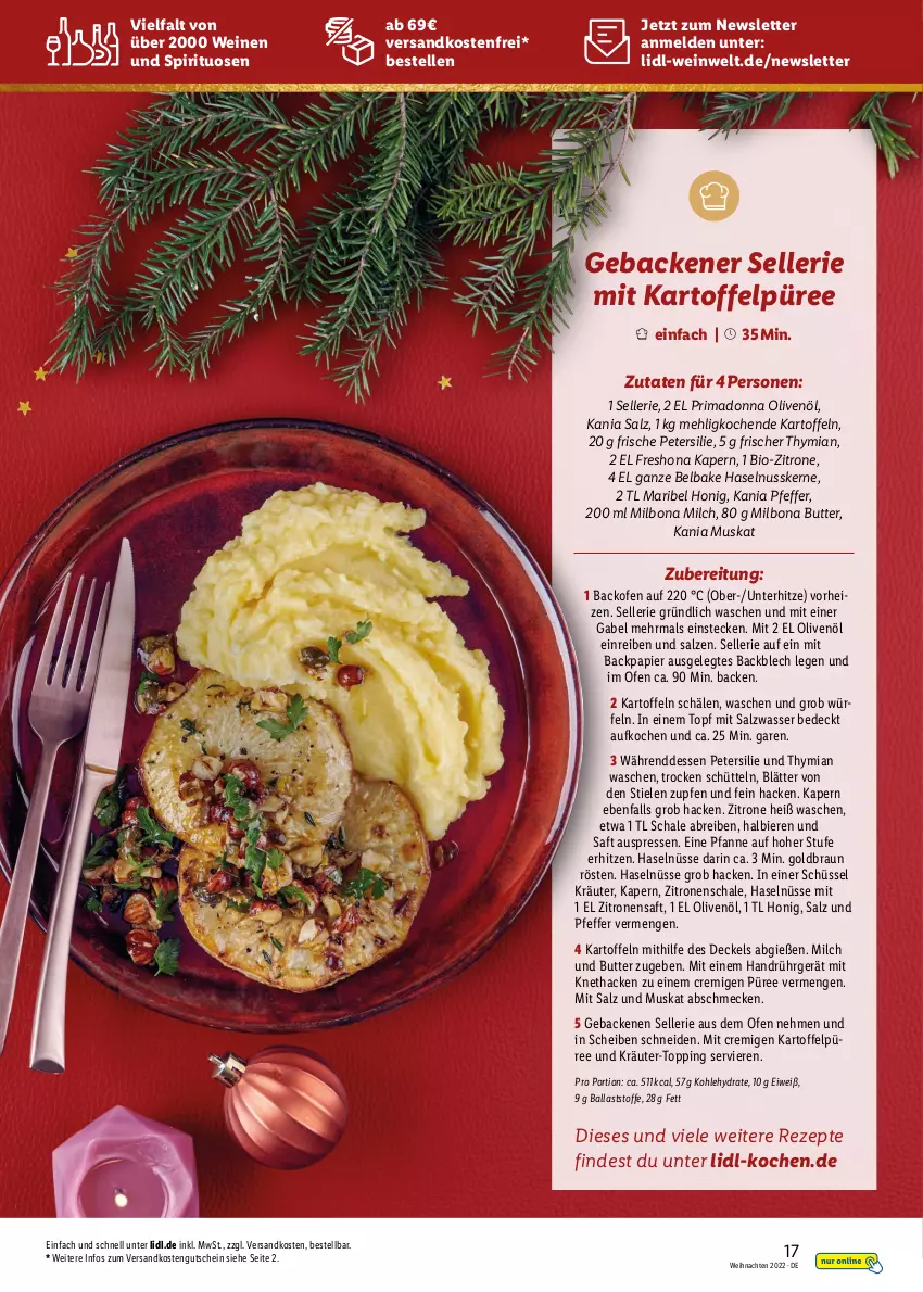 Aktueller Prospekt Lidl - Entspannte Adventszeit - von 09.11 bis 30.11.2022 - strona 17 - produkty: backofen, ball, bier, Biere, bio, Bona, braun, Brei, butter, decke, Deckel, elle, gabel, geback, gutschein, haselnuss, honig, kartoffel, kartoffeln, Kartoffelpüree, kräuter, mehl, Milbona, milch, ndk, nuss, Ofen, olive, oliven, olivenöl, papier, petersilie, pfanne, pfeffer, püree, rezept, rezepte, saft, salz, Schal, Schale, schüssel, spirituosen, Ti, topf, versandkostenfrei, wasser, weihnachten, wein, weine, würfel, zitrone, zitronen, zitronensaft