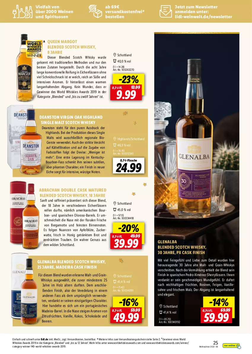 Aktueller Prospekt Lidl - Entspannte Adventszeit - von 09.11 bis 30.11.2022 - strona 25 - produkty: apfel, beere, beeren, Bergamotte, bio, Birnen, blended scotch, blended scotch whisky, Blüte, bourbon, brot, elle, Feigen, Finish, flasche, früchte, früchten, getränk, gin, gutschein, Holz, honig, kokos, LG, malz, ndk, Nuance, nuss, reifen, rel, rwe, sahne, schnitten, schoko, schokolade, schott, scotch, scotch whisky, single malt, spirituosen, Ti, trauben, tuc, vanille, versandkostenfrei, weihnachten, wein, weine, whisky, Wild, zucker