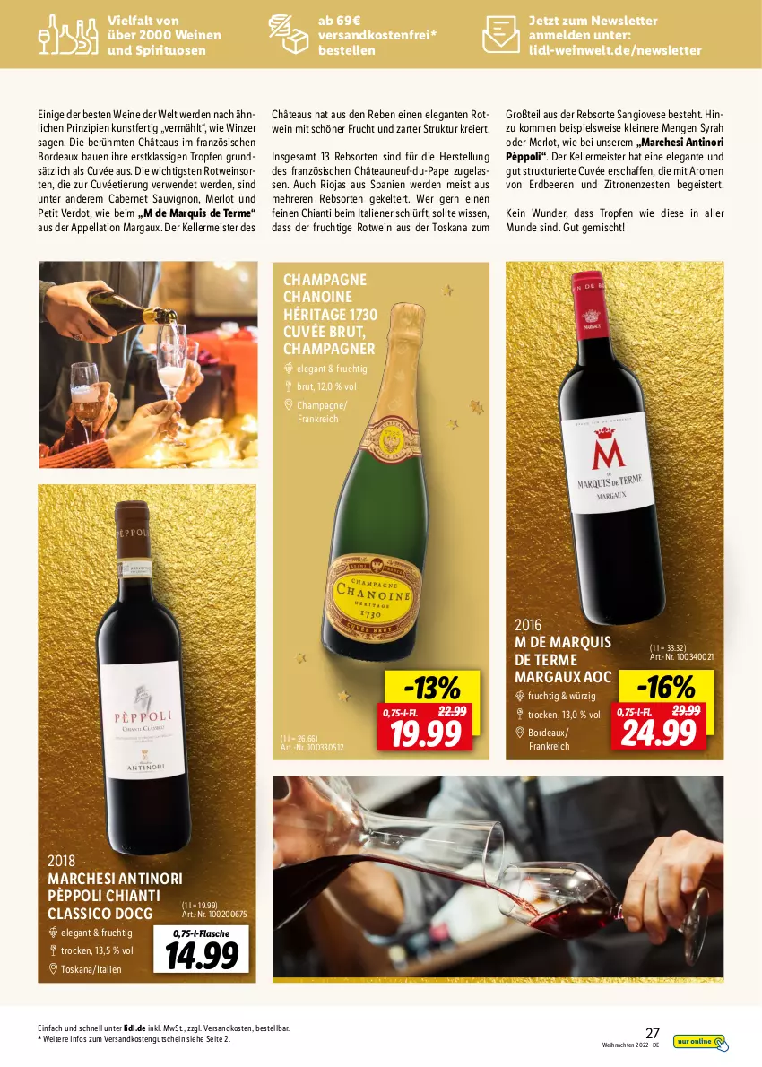 Aktueller Prospekt Lidl - Entspannte Adventszeit - von 09.11 bis 30.11.2022 - strona 27 - produkty: Bau, beere, beeren, brut, cabernet, cabernet sauvignon, champagne, champagner, chia, chianti, classico, cuvée, eier, eis, elle, erdbeere, erdbeeren, erde, flasche, frucht, gutschein, leine, Meister, merl, merlot, ndk, rioja, rotwein, rwe, sauvignon, spirituosen, Ti, versandkostenfrei, weihnachten, wein, weine, zitrone, zitronen