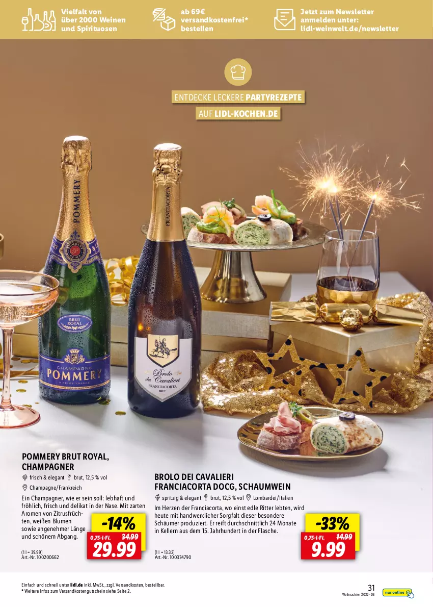 Aktueller Prospekt Lidl - Entspannte Adventszeit - von 09.11 bis 30.11.2022 - strona 31 - produkty: blume, blumen, brut, Cava, champagne, champagner, decke, elle, flasche, früchte, früchten, gutschein, Heu, ndk, rezept, rezepte, ritter, spirituosen, versandkostenfrei, weihnachten, wein, weine