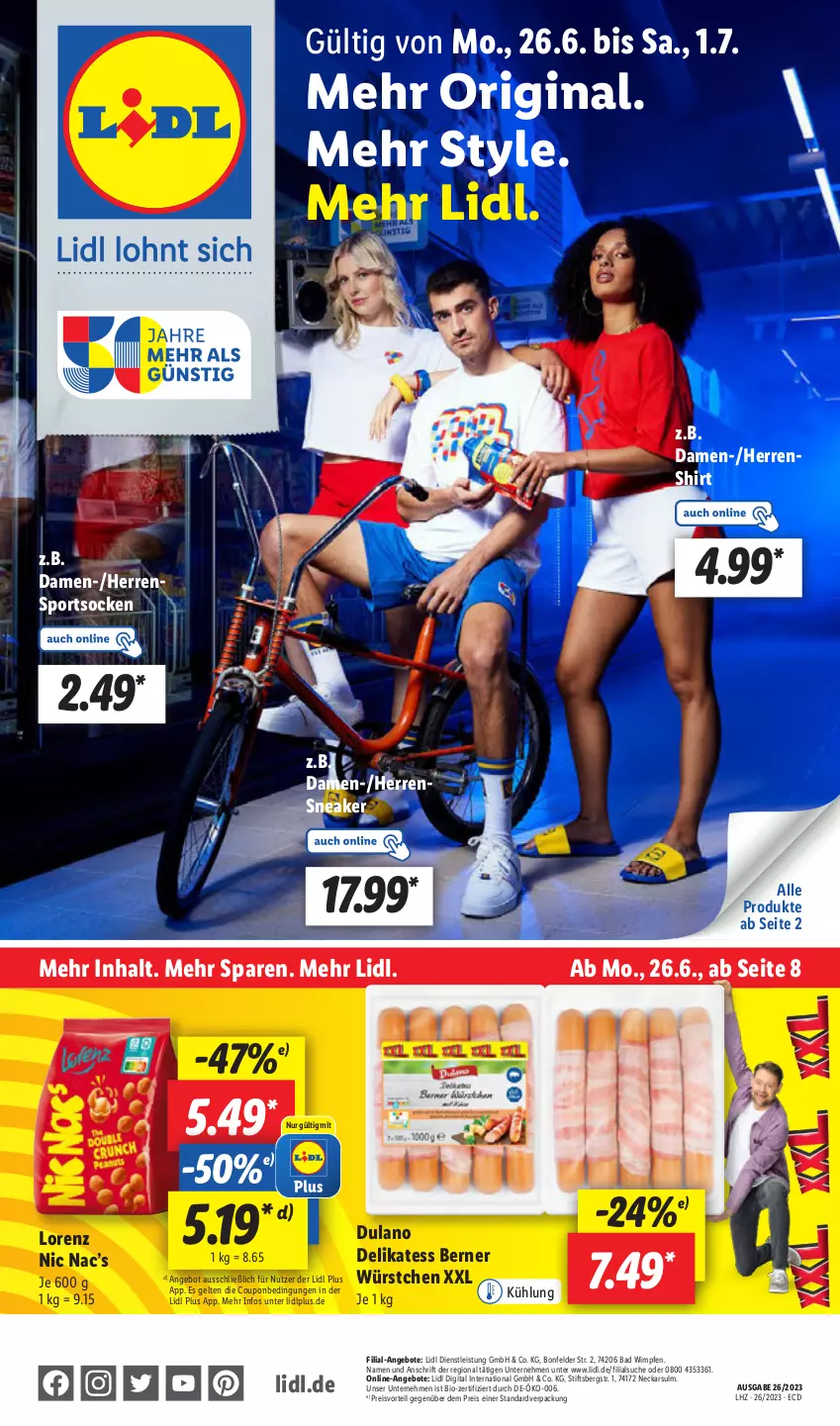 Aktueller Prospekt Lidl - Aktionsprospekt - von 26.06 bis 01.07.2023 - strona 1 - produkty: angebot, angebote, Bad, bio, coupon, dulano, eis, gin, lorenz, preisvorteil, reis, shirt, sneaker, socken, Sport, sportsocken, Ti, würstchen