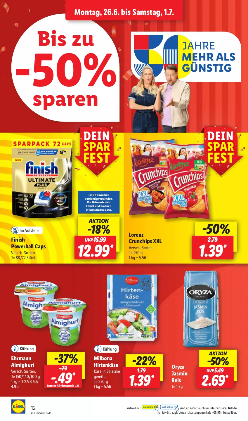 Aktueller Prospekt Lidl - Aktionsprospekt - von 26.06 bis 01.07.2023 - strona 12 - produkty: aktionspreis, almighur, almighurt, ball, Bona, Cap, chips, crunchips, ehrmann, ehrmann almighurt, eis, elle, Finish, hirtenkäse, Käse, lorenz, lorenz crunchips, Milbona, ndk, oryza, powerball, Rauch, reis, rwe, salz, Schal, Schale, teller, Ti, ZTE