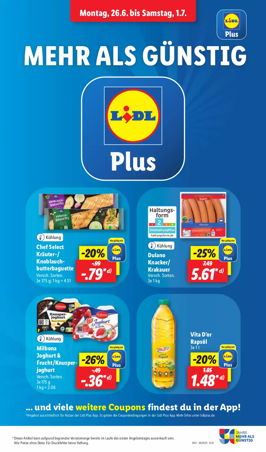 Aktueller Prospekt Lidl - Aktionsprospekt - von 26.06 bis 01.07.2023 - strona 15 - produkty: angebot, auer, baguette, Bona, butter, coupon, coupons, dulano, eis, frucht, joghur, joghurt, knacker, knoblauch, Knoblauchbutter, krakauer, kräuter, Milbona, rapsöl, reis, Ti, vita, ZTE