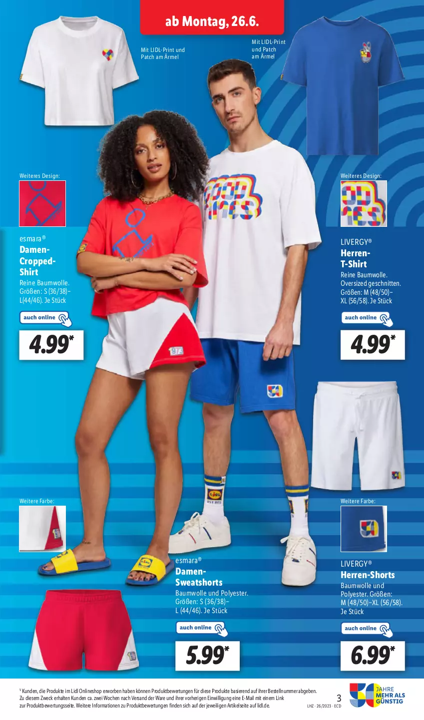 Aktueller Prospekt Lidl - Aktionsprospekt - von 26.06 bis 01.07.2023 - strona 3 - produkty: Bau, baumwolle, esmara, herren-shorts, livergy, reine baumwolle, schnitten, shirt, shorts, sweatshorts, T-Shirt, Ti, weck, wolle