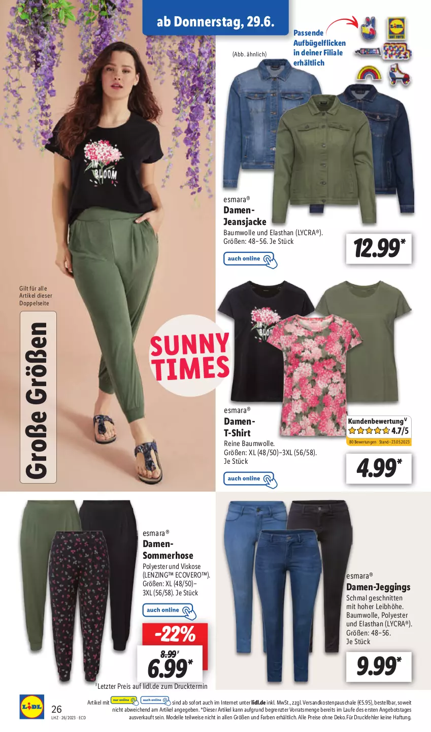 Aktueller Prospekt Lidl - Aktionsprospekt - von 26.06 bis 01.07.2023 - strona 34 - produkty: angebot, Bau, baumwolle, bügel, dell, ecovero, eis, elle, esmara, gin, hose, Jacke, jeans, Jeansjacke, lenzing, Mode, ndk, reine baumwolle, reis, Schal, Schale, schnitten, shirt, T-Shirt, Ti, wolle, ZTE