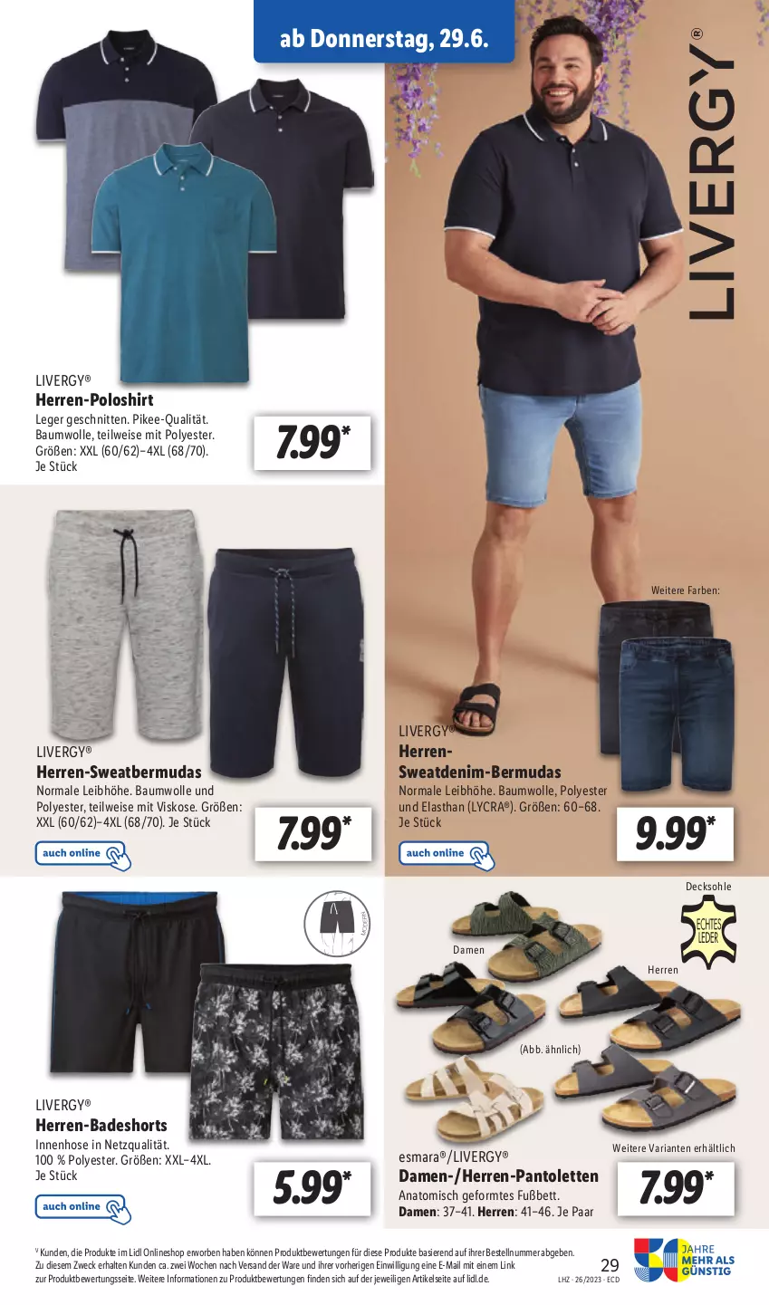 Aktueller Prospekt Lidl - Aktionsprospekt - von 26.06 bis 01.07.2023 - strona 37 - produkty: Bad, badeshorts, Bau, baumwolle, bermuda, bermudas, bett, decksohle, eis, esmara, herren-polo, hose, livergy, pantolette, pantoletten, poloshirt, Ria, schnitten, shirt, shorts, Ti, weck, wolle