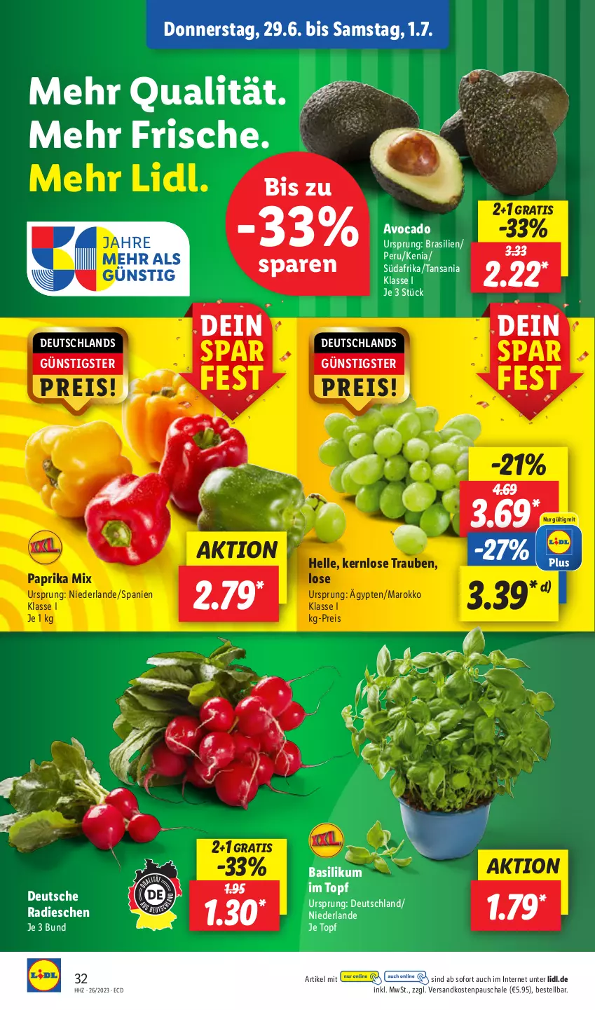 Aktueller Prospekt Lidl - Aktionsprospekt - von 26.06 bis 01.07.2023 - strona 40 - produkty: avocado, basilikum, eis, elle, ndk, paprika, paprika mix, radieschen, reis, Schal, Schale, Ti, topf, trauben