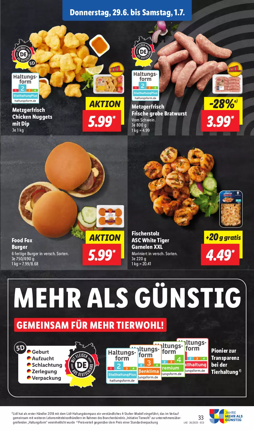 Aktueller Prospekt Lidl - Aktionsprospekt - von 26.06 bis 01.07.2023 - strona 41 - produkty: bratwurst, burger, chicken nuggets, dell, dip, eis, fisch, fische, Fischer, garnelen, grobe bratwurst, lebensmittel, Mode, nuggets, preisvorteil, reifen, reis, schwein, Ti, wein, wurst