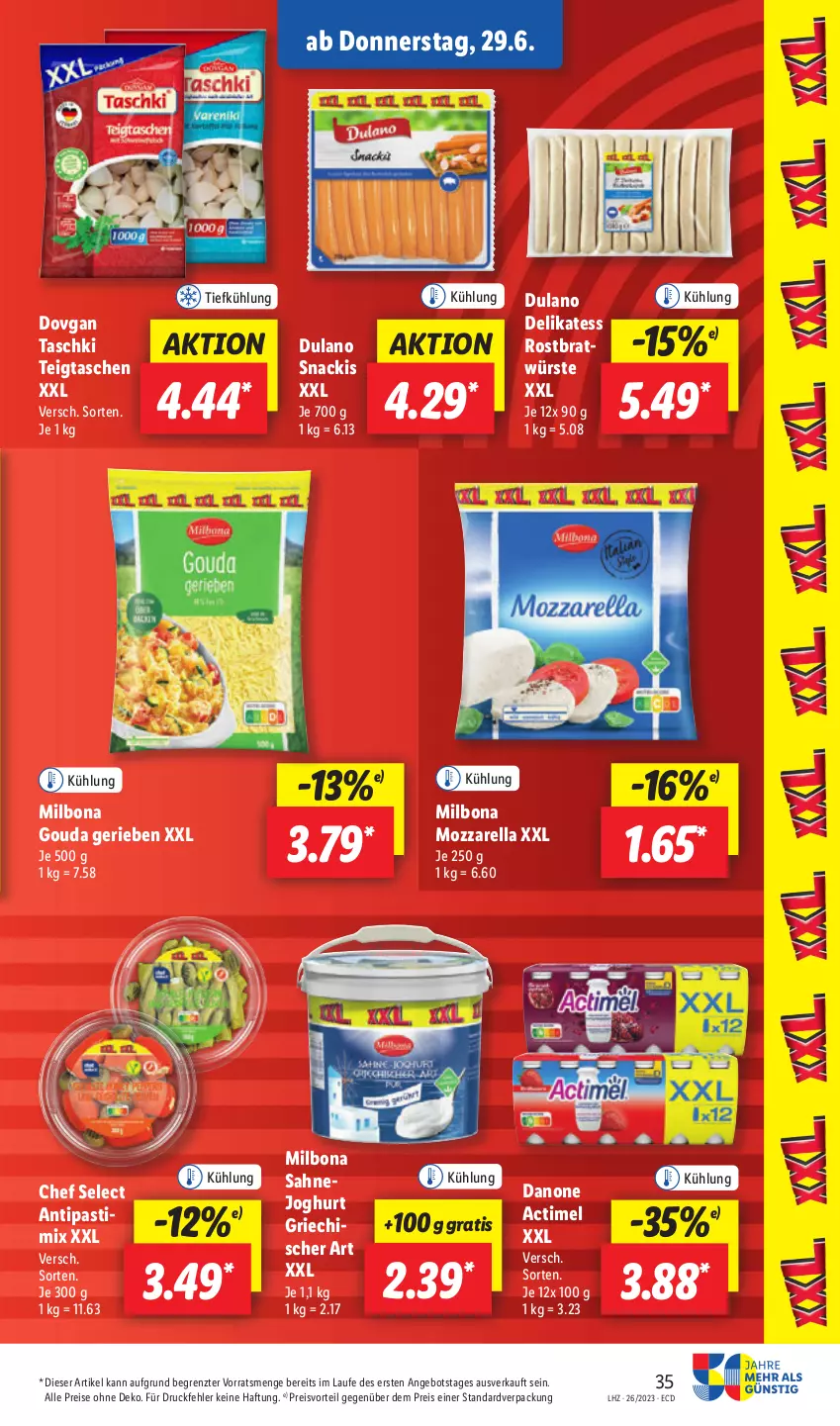 Aktueller Prospekt Lidl - Aktionsprospekt - von 26.06 bis 01.07.2023 - strona 43 - produkty: actimel, angebot, antipasti, asti, Bona, danone, dovgan, dulano, eis, gouda, joghur, joghurt, Milbona, mozzarella, preisvorteil, reis, rel, sahne, Sahnejoghurt, snack, Tasche, taschen, taschki, Ti, ZTE