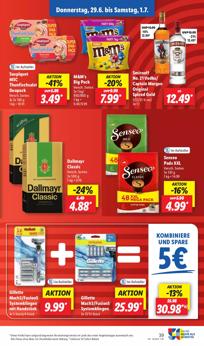 Aktueller Prospekt Lidl - Aktionsprospekt - von 26.06 bis 01.07.2023 - strona 47 - produkty: angebot, Cap, captain morgan, dallmayr, eis, elle, fisch, fusion5, gillette, gin, mac, mach3, original spiced gold, reis, salat, saupiquet, senseo, senseo pads, smirnoff, sofort-rabatt, Systemklingen, teller, thunfisch, Thunfischsalat, Ti, vodka, ZTE