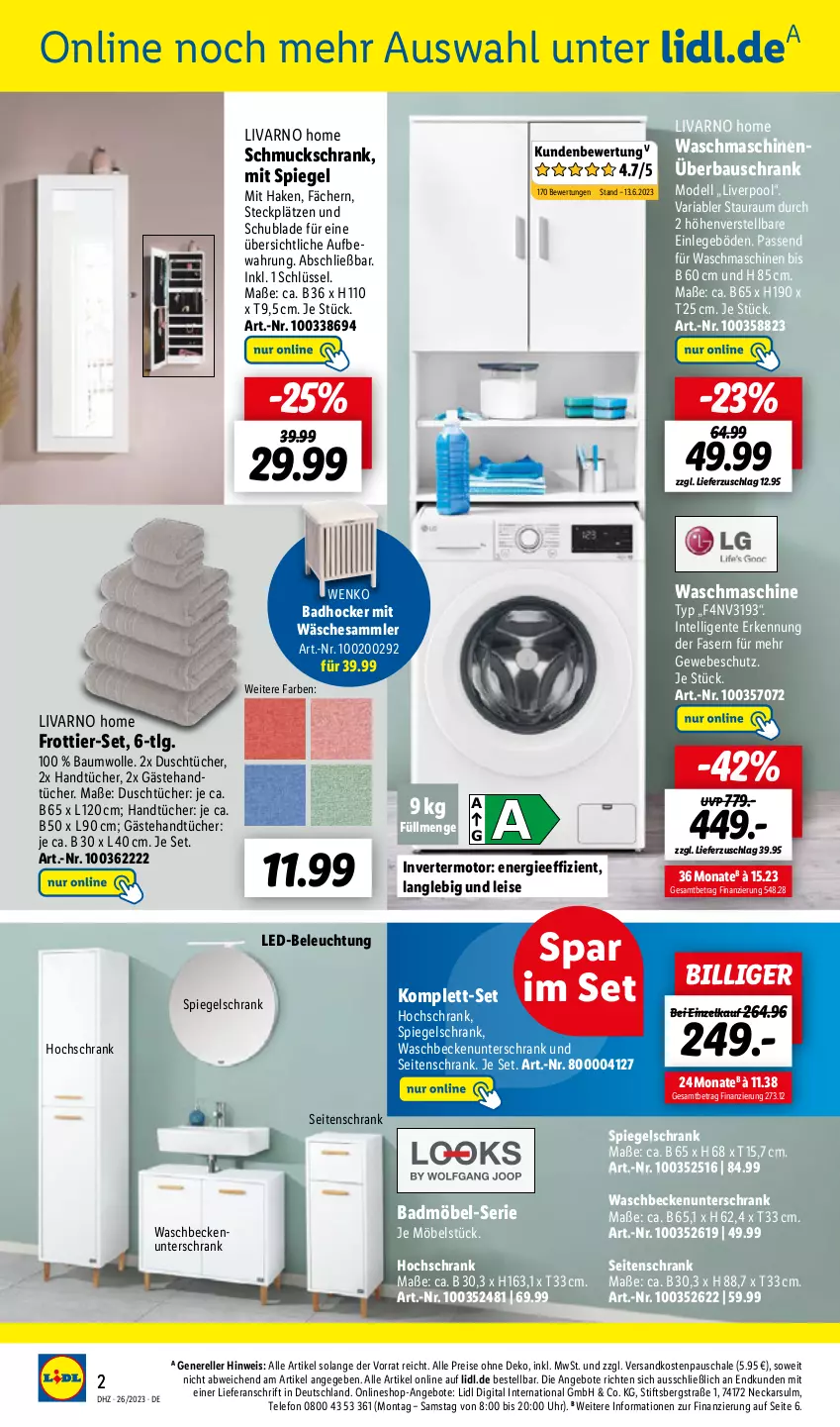 Aktueller Prospekt Lidl - Aktionsprospekt - von 26.06 bis 01.07.2023 - strona 52 - produkty: angebot, angebote, Bad, Badmöbel, Bau, baumwolle, Beckenunterschrank, beleuchtung, dell, eis, elle, ente, Frottier-Set, handtücher, hochschrank, hocker, Intel, led-beleuchtung, LG, möbel, Mode, ndk, pool, reis, rel, Ria, Schal, Schale, Schmuck, Schrank, Seitenschrank, spiegel, spiegelschrank, telefon, Ti, tücher, uhr, unterschrank, waschbecken, waschbeckenunterschrank, waschmaschine, waschmaschinen, wenko, wolle