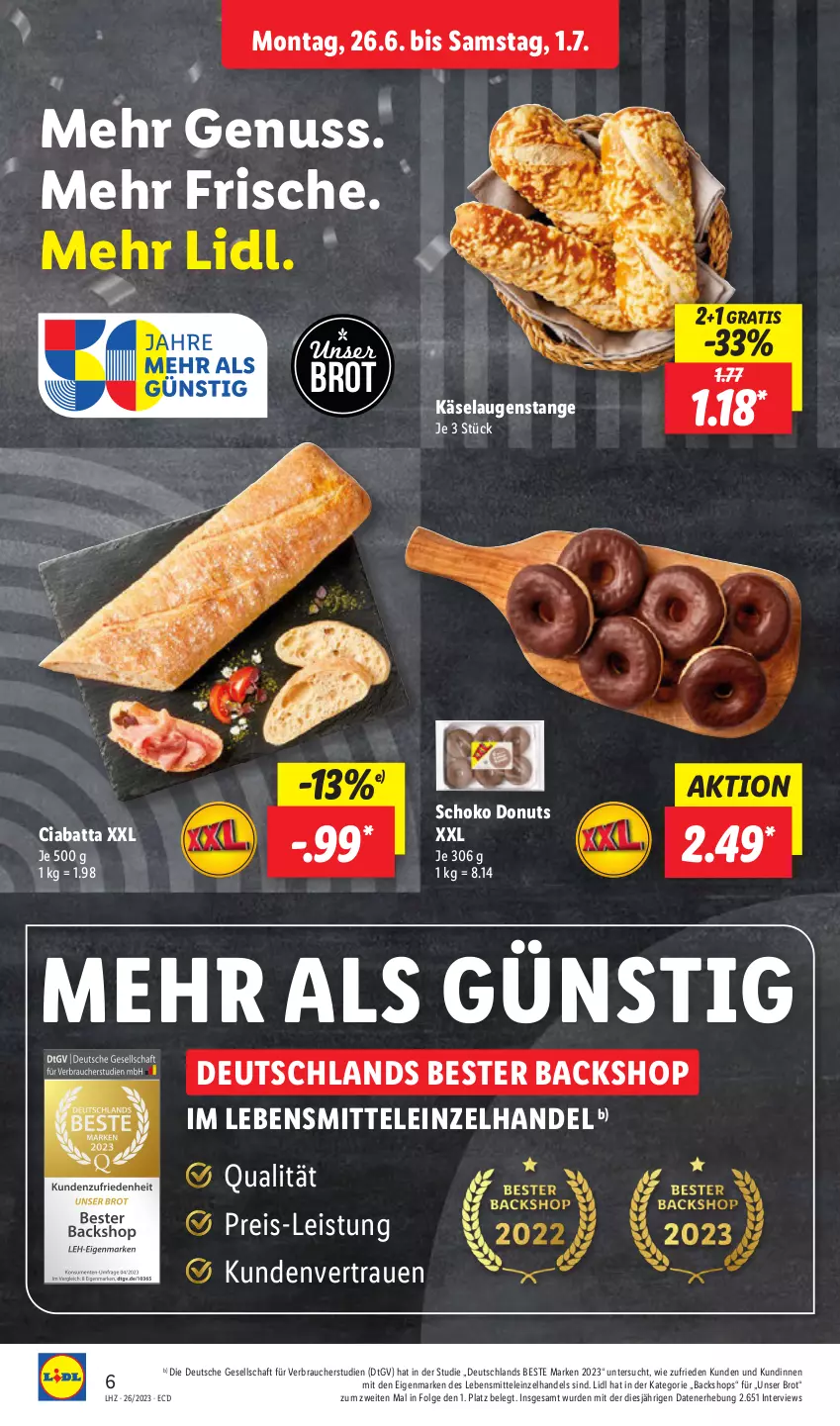 Aktueller Prospekt Lidl - Aktionsprospekt - von 26.06 bis 01.07.2023 - strona 6 - produkty: brot, ciabatta, Donut, donuts, eis, Käse, Laugenstange, lebensmittel, LG, nuss, Rauch, reis, schoko, Ti