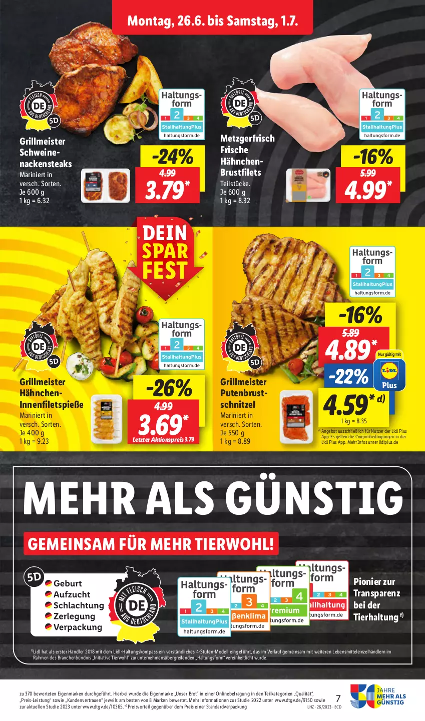 Aktueller Prospekt Lidl - Aktionsprospekt - von 26.06 bis 01.07.2023 - strona 7 - produkty: aktionspreis, angebot, brot, brustfilet, coupon, dell, eis, elle, filet, filets, Frische Hähnchen, grill, hähnchenbrust, hähnchenbrustfilet, lebensmittel, Meister, Mode, Nackensteak, nackensteaks, preisvorteil, pute, putenbrust, reifen, reis, schnitzel, schwein, schweine, schweinenacken, steak, steaks, Ti, wein, weine, ZTE