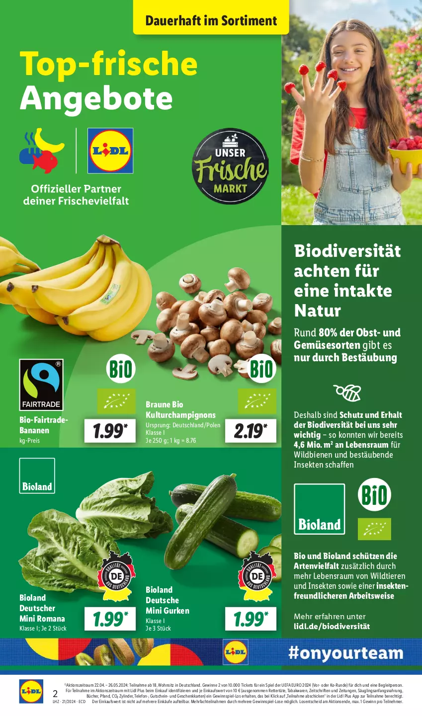 Aktueller Prospekt Lidl - Aktionsprospekt - von 21.05 bis 25.05.2024 - strona 2 - produkty: angebot, angebote, auer, banane, bananen, bio, bioland, braun, champignon, champignons, eis, gewinnspiel, gurke, gurken, gutschein, natur, obst, reis, Schütze, sekt, telefon, Ti, Tiere, Tüte, und gemüse, Wild