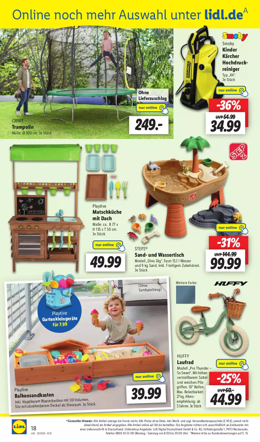 Aktueller Prospekt Lidl - Aktionsprospekt - von 21.05 bis 25.05.2024 - strona 22 - produkty: angebot, angebote, crivit, decke, dell, eis, elle, Garten, hochdruckreiniger, Kärcher, Kinder, küche, Laufrad, Mode, ndk, reifen, reiniger, reis, rel, Sandkasten, Sandspielzeug, sattel, Schal, Schale, spielzeug, telefon, Ti, tisch, Trampolin, uhr, wasser