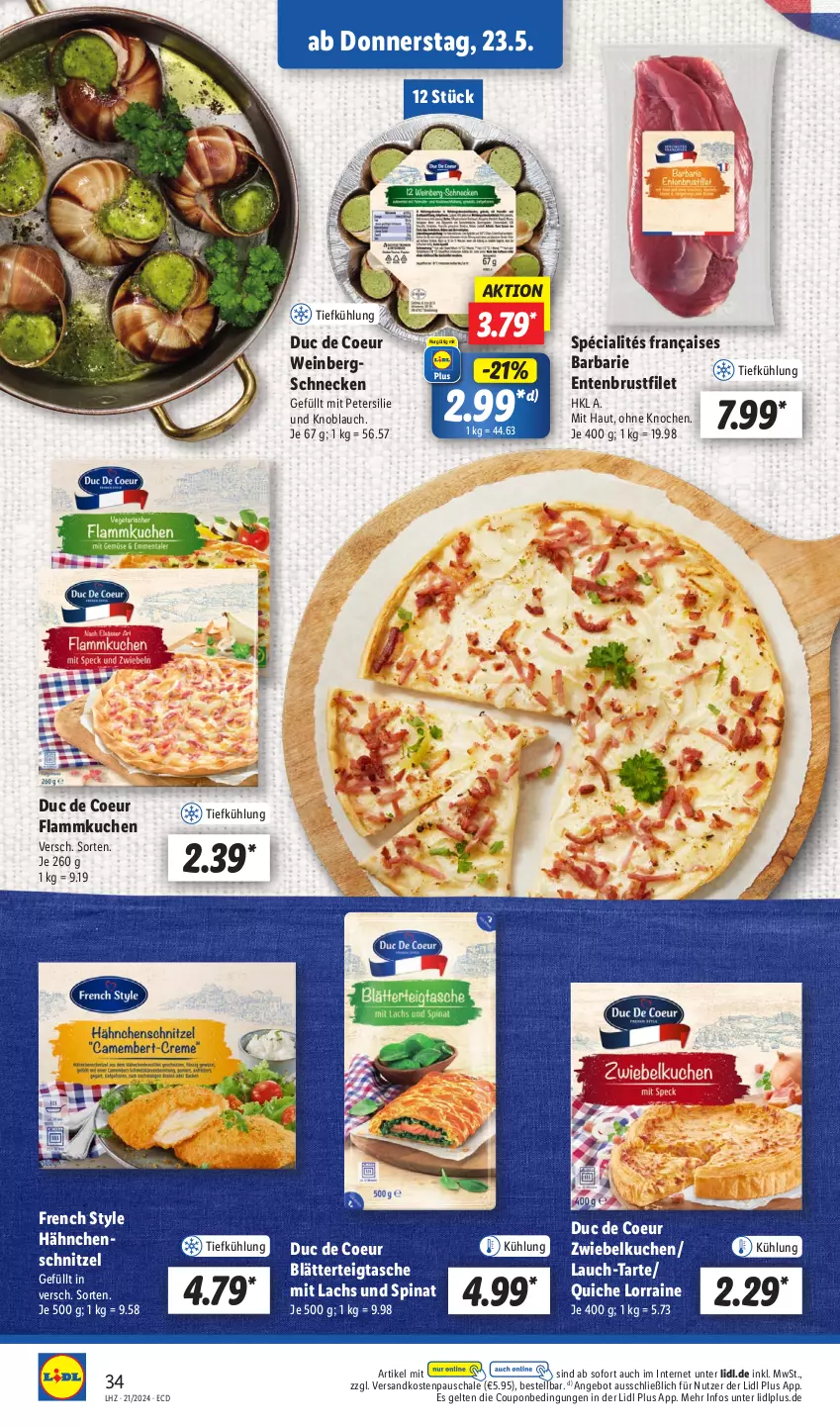 Aktueller Prospekt Lidl - Aktionsprospekt - von 21.05 bis 25.05.2024 - strona 40 - produkty: angebot, blätterteig, Blätterteigtasche, brustfilet, coupon, ente, Entenbrust, filet, flammkuchen, Hähnchenschnitzel, knoblauch, kuchen, lachs, lamm, ndk, petersilie, Quiche, Schal, Schale, schnitzel, spinat, Tasche, Ti, wein, zwiebel