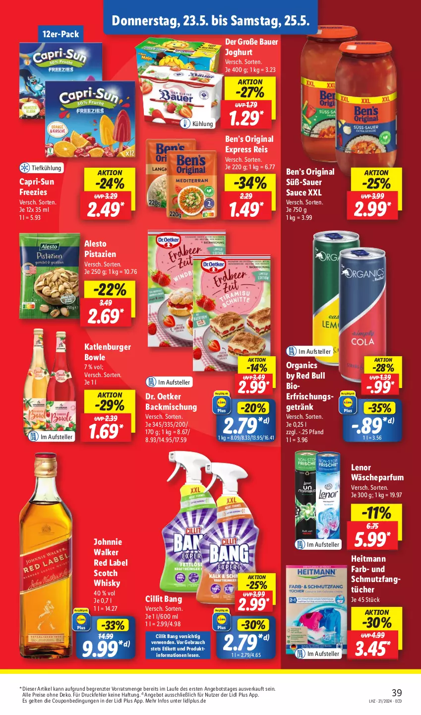 Aktueller Prospekt Lidl - Aktionsprospekt - von 21.05 bis 25.05.2024 - strona 47 - produkty: alesto, angebot, auer, backmischung, Bau, Bauer, Ben’s Original, bio, bowle, burger, Cap, capri-sun, Cillit, cillit bang, coupon, Dr. Oetker, eis, elle, erfrischungsgetränk, Fangtücher, getränk, gin, heitmann, joghur, joghurt, johnnie walker, katlenburger, lenor, parfum, pistazien, Rauch, red bull, reis, rwe, sauce, scotch, scotch whisky, teller, Ti, tücher, whisky, ZTE