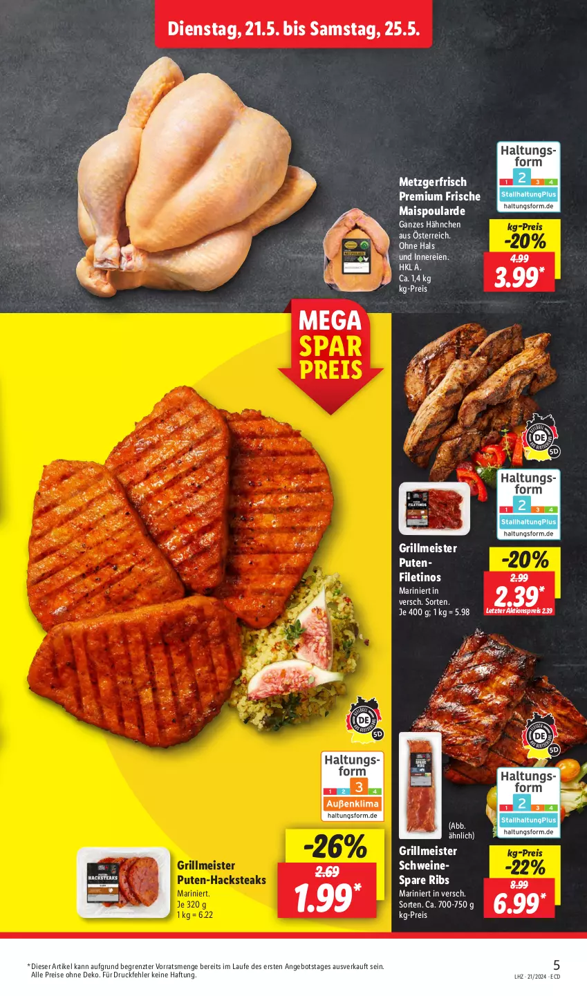 Aktueller Prospekt Lidl - Aktionsprospekt - von 21.05 bis 25.05.2024 - strona 7 - produkty: aktionspreis, angebot, eis, filet, grill, mais, Meister, pute, reis, schwein, schweine, spare ribs, steak, steaks, Ti, wein, weine, ZTE