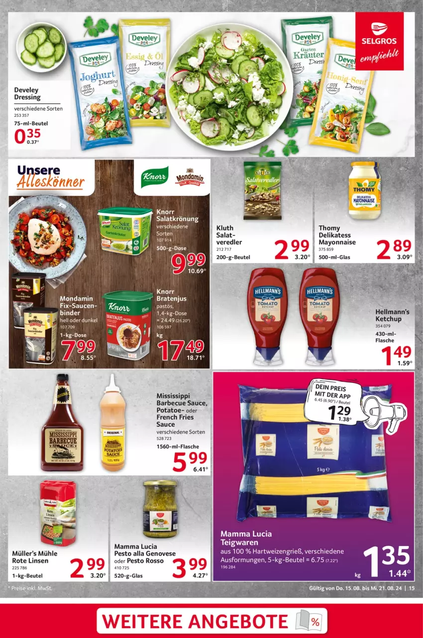 Aktueller Prospekt Selgros - Food - von 15.08 bis 21.08.2024 - strona 15 - produkty: angebot, angebote, barbecue, beutel, braten, develey, dressing, eis, gin, hartweizen, ketchup, knorr, linsen, mam, mayonnaise, mondamin, Müller, pesto, reis, Rote Linsen, salat, salatkrönung, sauce, tee, thomy, Yo