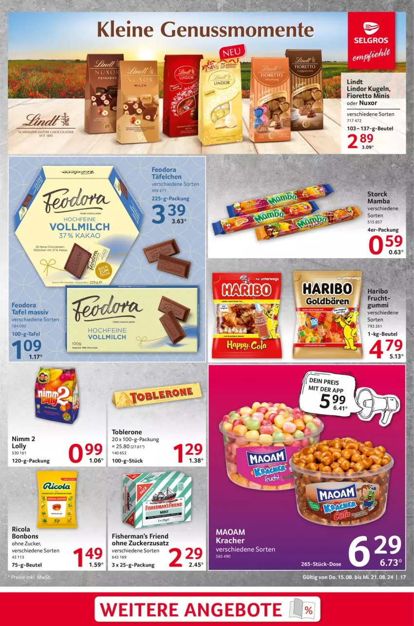 Aktueller Prospekt Selgros - Food - von 15.08 bis 21.08.2024 - strona 17 - produkty: angebot, angebote, beutel, bonbons, cola, frucht, goldbären, haribo, kracher, Kugel, lindor, lindt, mac, mam, milch, mint, Nimm 2, Ricola, storck, Ti, toblerone, vollmilch, zucker