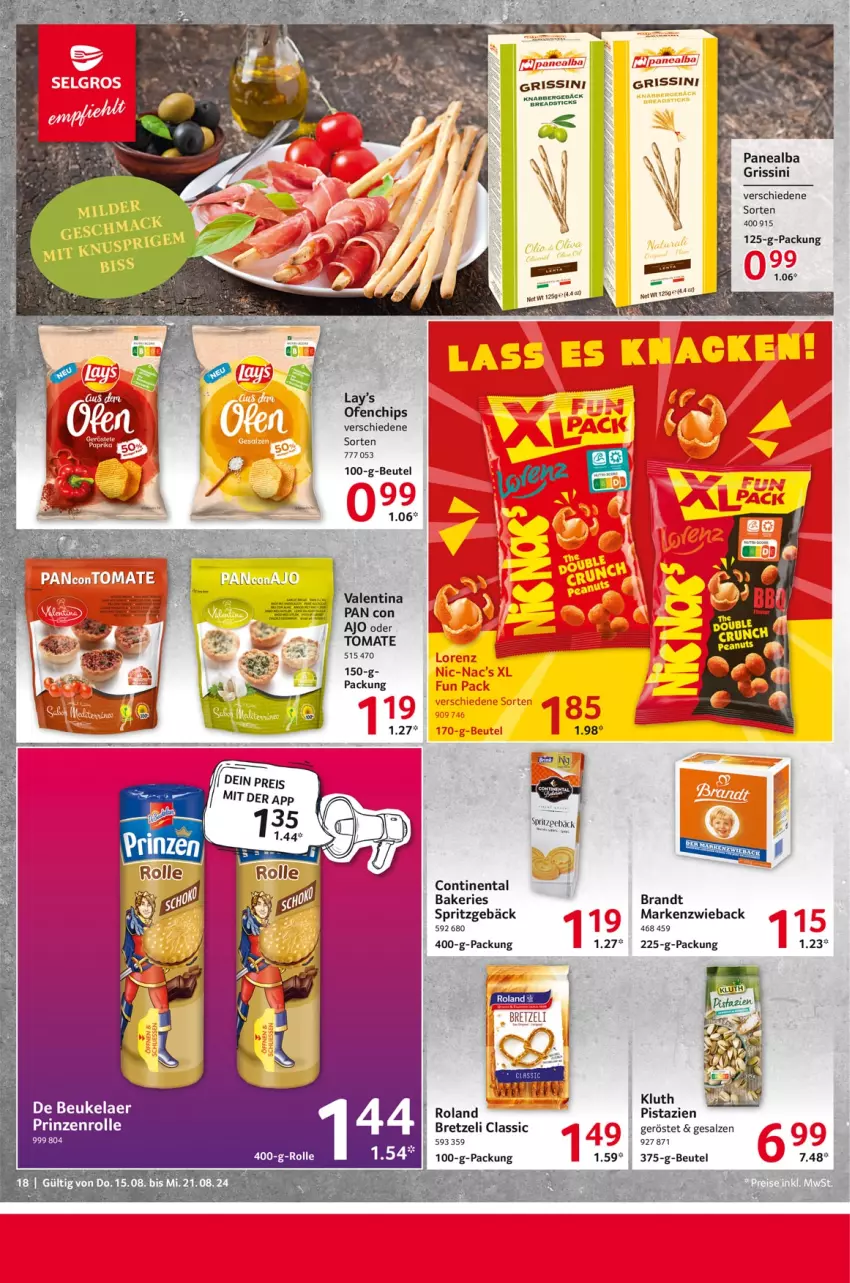 Aktueller Prospekt Selgros - Food - von 15.08 bis 21.08.2024 - strona 18 - produkty: beutel, brandt, chips, de beukelaer, elle, grissini, lorenz, Markenzwieback, Ofen, pistazien, prinzenrolle, salz, Spritzgebäck, Ti, tomate