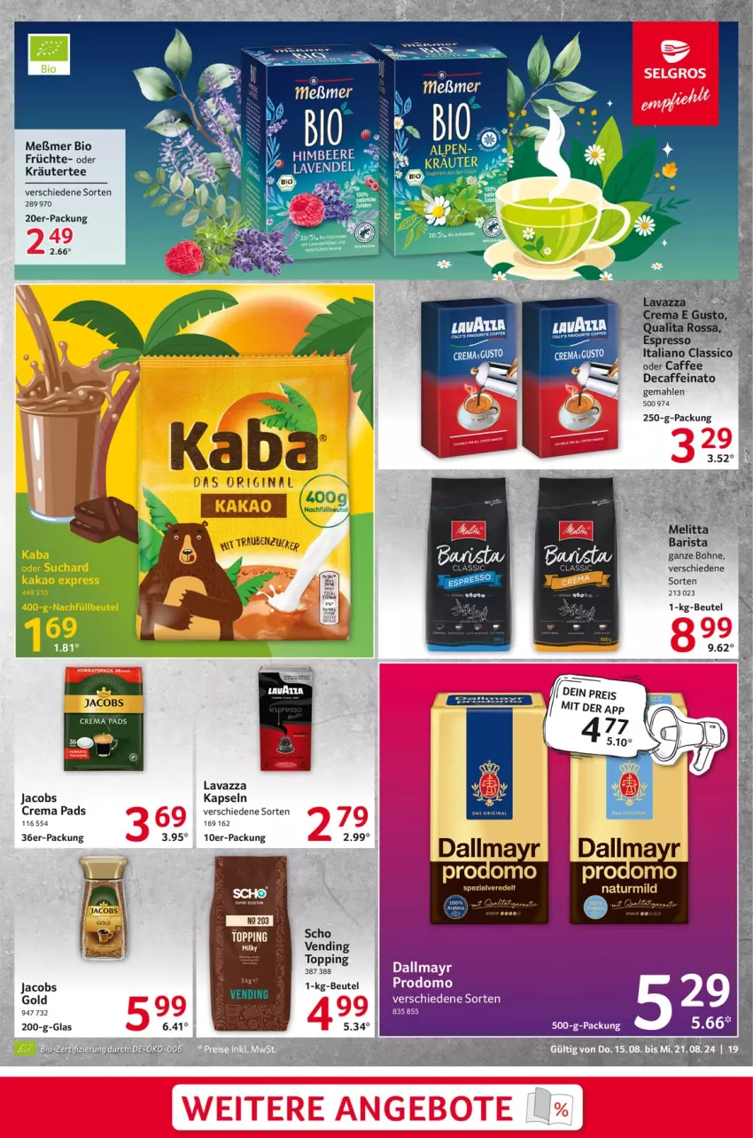 Aktueller Prospekt Selgros - Food - von 15.08 bis 21.08.2024 - strona 19 - produkty: beere, bio, bohne, caffe, classico, crema pads, dallmayr, elle, espresso, früchte, himbeer, himbeere, jacobs, Jacobs Crema, kräuter, lavazza, lavendel, LG, melitta, natur, prodomo, tee, Ti