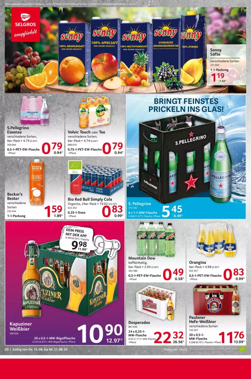 Aktueller Prospekt Selgros - Food - von 15.08 bis 21.08.2024 - strona 20 - produkty: bier, bio, bügel, bügelflasche, cola, desperados, flasche, gin, Hefe, Mountain Dew, mw-flasche, orange, orangen, orangensaft, orangina, Paula, paulaner, red bull, saft, säfte, sim, tee, Ti, volvic, zucker