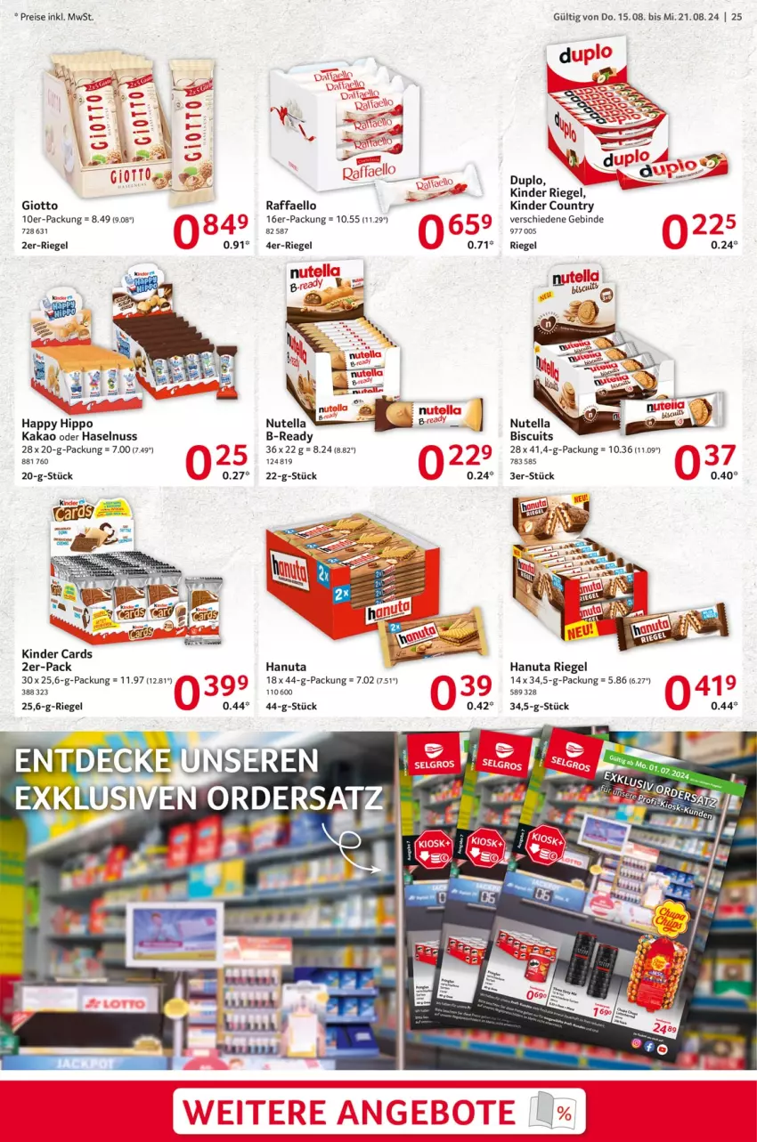 Aktueller Prospekt Selgros - Food - von 15.08 bis 21.08.2024 - strona 25 - produkty: Bau, duplo, eis, giotto, hanuta, haselnuss, kakao, Kinder, kinder country, kinder riegel, nuss, nutella, raffaello, reis, riegel, Ti