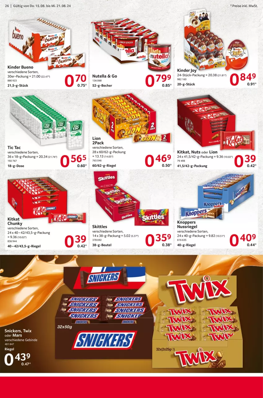 Aktueller Prospekt Selgros - Food - von 15.08 bis 21.08.2024 - strona 26 - produkty: arla, Becher, beutel, eis, Kinder, kinder bueno, kitkat, knoppers, lion, nuss, nussriegel, nutella, reis, riegel, skittles, snickers, tee, Ti, twix, WICK