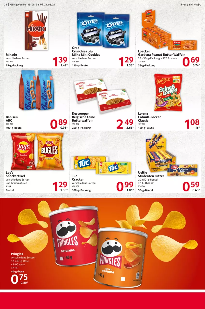 Aktueller Prospekt Selgros - Food - von 15.08 bis 21.08.2024 - strona 28 - produkty: bahlsen, beutel, butter, cookie, cookies, cracker, eis, ente, gardena, LG, lorenz, mikado, milka, peanut butter, reis, snack, Ti, tuc, waffeln