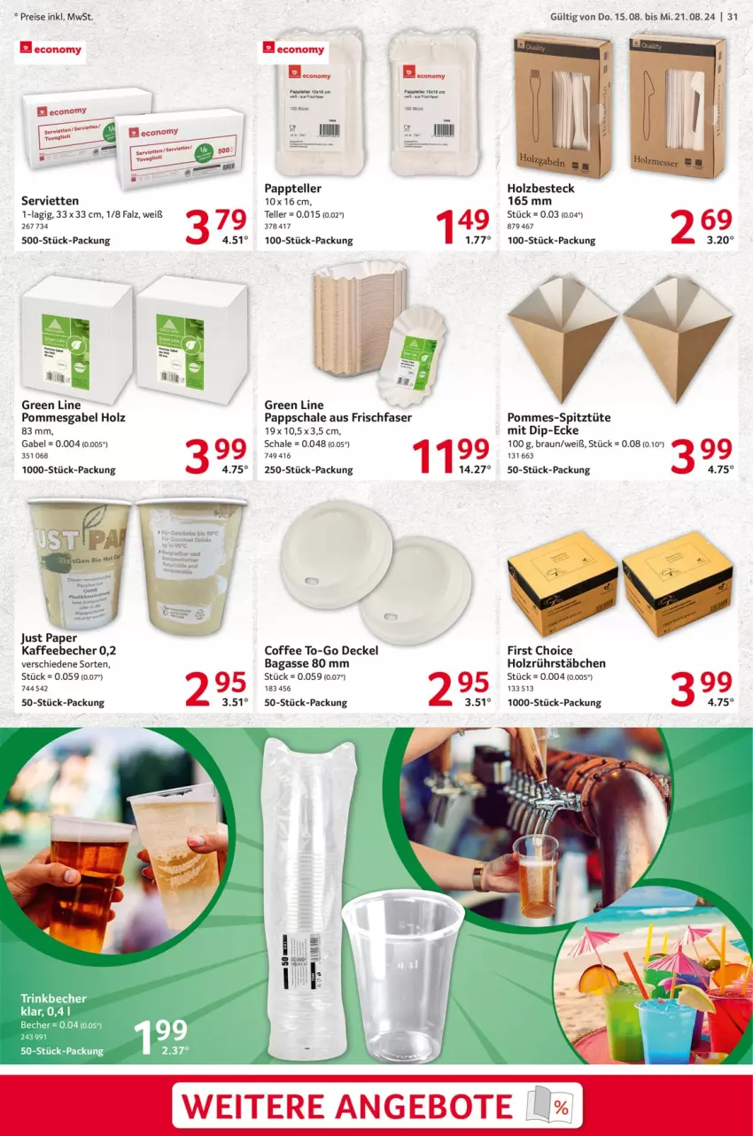 Aktueller Prospekt Selgros - Food - von 15.08 bis 21.08.2024 - strona 31 - produkty: angebot, angebote, asti, Becher, besteck, braun, decke, Deckel, dip, drink, drinks, eis, elle, gabel, getränk, getränke, Holz, kaffee, kaffeebecher, pommes, reis, Schal, Schale, Serviette, servietten, Stier, tee, teller, Ti, Tüte, Yo, ZTE