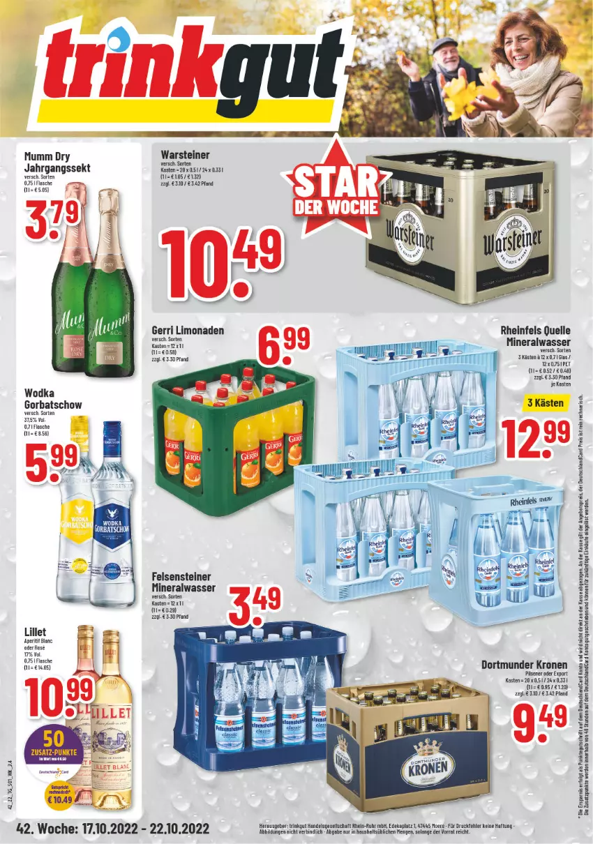 Aktueller Prospekt Trinkgut - von 17.10 bis 22.10.2022 - strona 1 - produkty: Alwa, angebot, angebotspreis, aperitif, deka, deutschlandcard, eis, elle, erde, flasche, Gorbatschow, jahrgangssekt, krone, LG, lillet, limo, limonade, limonaden, mineralwasser, mumm, pils, pilsener, reis, rheinfels quelle, sekt, steiner, Ti, uhr, warsteiner, wasser, wodka