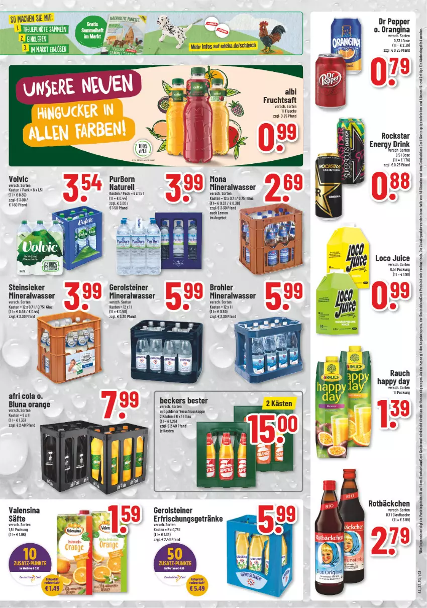 Aktueller Prospekt Trinkgut - von 17.10 bis 22.10.2022 - strona 3 - produkty: Afri Cola, Alwa, angebot, angebotspreis, Beckers Bester, cola, deka, deutschlandcard, drink, eis, energy drink, erde, erfrischungsgetränk, erfrischungsgetränke, flasche, frucht, fruchtsaft, gerolsteine, gerolsteiner, getränk, getränke, gin, glasflasche, Happy Day, LG, mac, mineralwasser, natur, orange, orangina, Rauch, reis, rel, Rockstar, saft, säfte, Schleich, steiner, Steinsieker, Ti, valensina, volvic, wasser