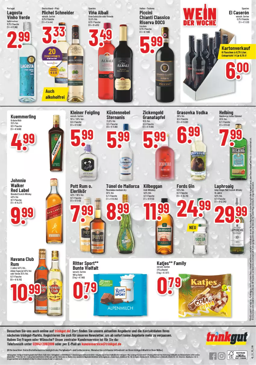 Aktueller Prospekt Trinkgut - von 17.10 bis 22.10.2022 - strona 4 - produkty: alkohol, alpenmilch, angebot, angebote, apfel, beutel, chia, chianti, classico, deutschlandcard, eier, elle, erde, flasche, gin, grana, granatapfel, Havana Club, irish whiskey, katjes, kilbeggan, kräuter, kräuterlikör, kuemmerling, laphroaig, leine, lieferservice, likör, merl, Michel Schneider, milch, Rana, ritter, ritter sport, rum, scotch, scotch whisky, Sport, telefon, Ti, vinho verde, vodka, whiskey, whisky