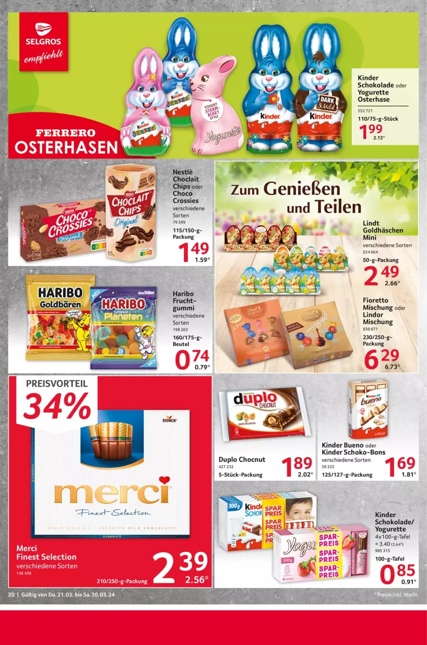 Aktueller Prospekt Selgros - Food - von 21.03 bis 30.03.2024 - strona 20 - produkty: beutel, crossies, duplo, eis, frucht, haribo, Kinder, kinder bueno, kinder schokolade, lindor, lindt, oder yogurette, preisvorteil, reis, schoko, schoko-bons, schokolade, Ti, Yo, yogurette