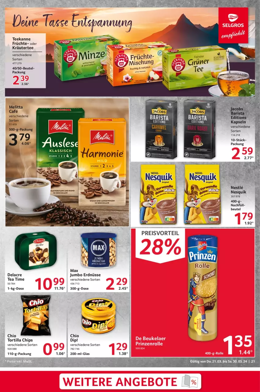 Aktueller Prospekt Selgros - Food - von 21.03 bis 30.03.2024 - strona 21 - produkty: beutel, chips, dip, erde, erdnüsse, früchte, jumbo, kräuter, mac, melitta, nesquik, tee, teekanne, Ti, tortilla, Tortilla Chips