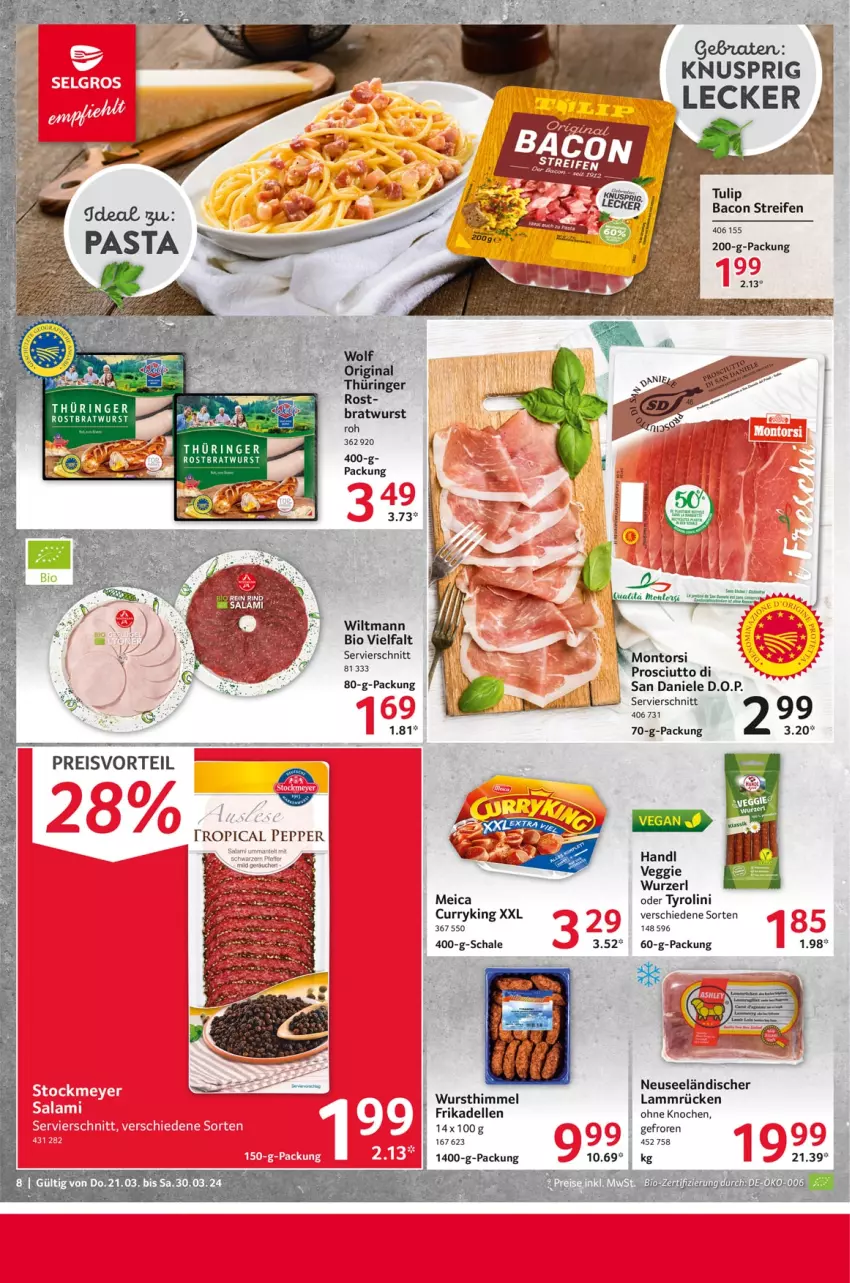 Aktueller Prospekt Selgros - Food - von 21.03 bis 30.03.2024 - strona 8 - produkty: bacon, bio, curry, dell, eis, elle, frikadellen, lamm, Lammrücken, meica, preisvorteil, prosciutto, reifen, reis, tee, tulip, veggie, wiltmann, wurst