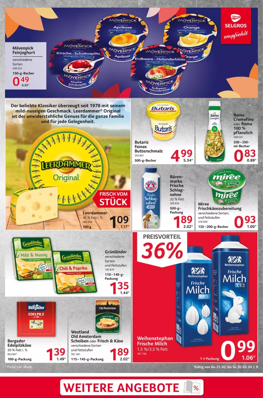 Aktueller Prospekt Selgros - Food - von 21.03 bis 30.03.2024 - strona 9 - produkty: aprikose, Becher, bergader, butter, Butterschmalz, eis, feinjoghurt, frischkäse, frischkäsezubereitung, gin, joghur, joghurt, Käse, kirsch, kirsche, leerdammer, mac, malz, milch, miree, mövenpick, nuss, Old Amsterdam, preisvorteil, rama, reis, sahne, Schmalz, schoko, weihenstephan