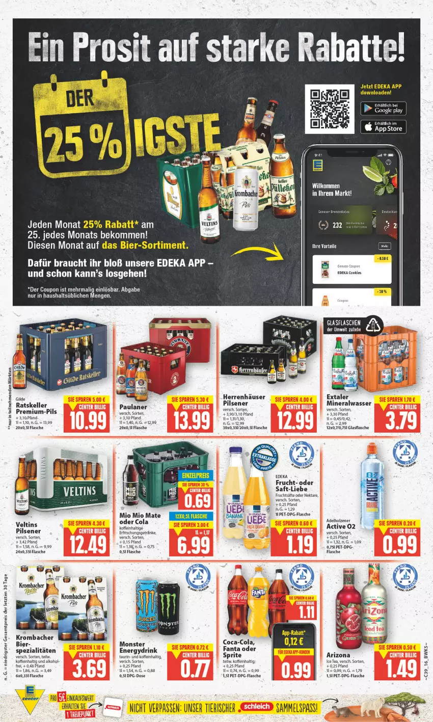 Aktueller Prospekt Edeka - Angebote der Woche - von 25.09 bis 30.09.2023 - strona 16 - produkty: adelholzener, alkohol, Alwa, Autan, banane, beko, bier, coca-cola, cola, cookie, cookies, coupon, deka, drink, eis, elle, erfrischungsgetränk, erfrischungsgetränke, fanta, fanta oder, flasche, frucht, fruchtsäfte, getränk, getränke, glasflasche, google play, Holz, HP, ice tea, krombache, krombacher, mineralwasser, Mio Mio, monster, Nektar, nuss, Paula, pils, pilsener, Rauch, reis, saft, säfte, Spezi, Ti, wasser, ZTE