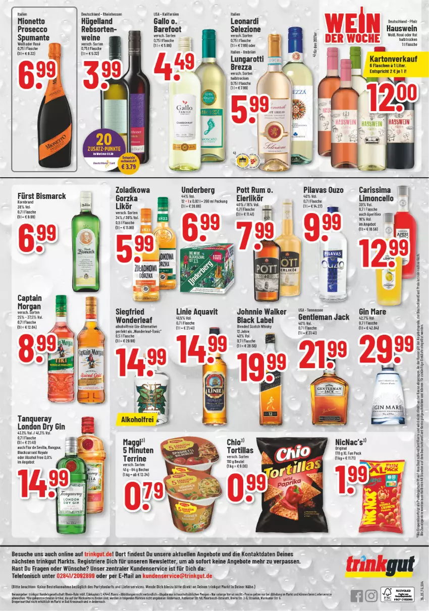 Aktueller Prospekt Trinkgut - von 26.06 bis 01.07.2023 - strona 4 - produkty: alkohol, angebot, angebote, angebotspreis, aqua, aquavit, Bad, Bank, Becher, black label, blended scotch, blended scotch whisky, Brei, brie, Cap, Currant, deka, deutschlandcard, dry gin, ecco, eier, eierlikör, eis, elle, erde, flasche, gallo, gin, gin mare, johnnie walker, lack, LG, lieferservice, likör, limo, london dry, london dry gin, maggi, mionetto, ouzo, prosecco, puma, reis, rum, scotch, scotch whisky, sim, spumante, Tanqueray, telefon, terrine, Ti, tonic, tortilla, tortillas, uhr, underberg, wein, weine, whisky