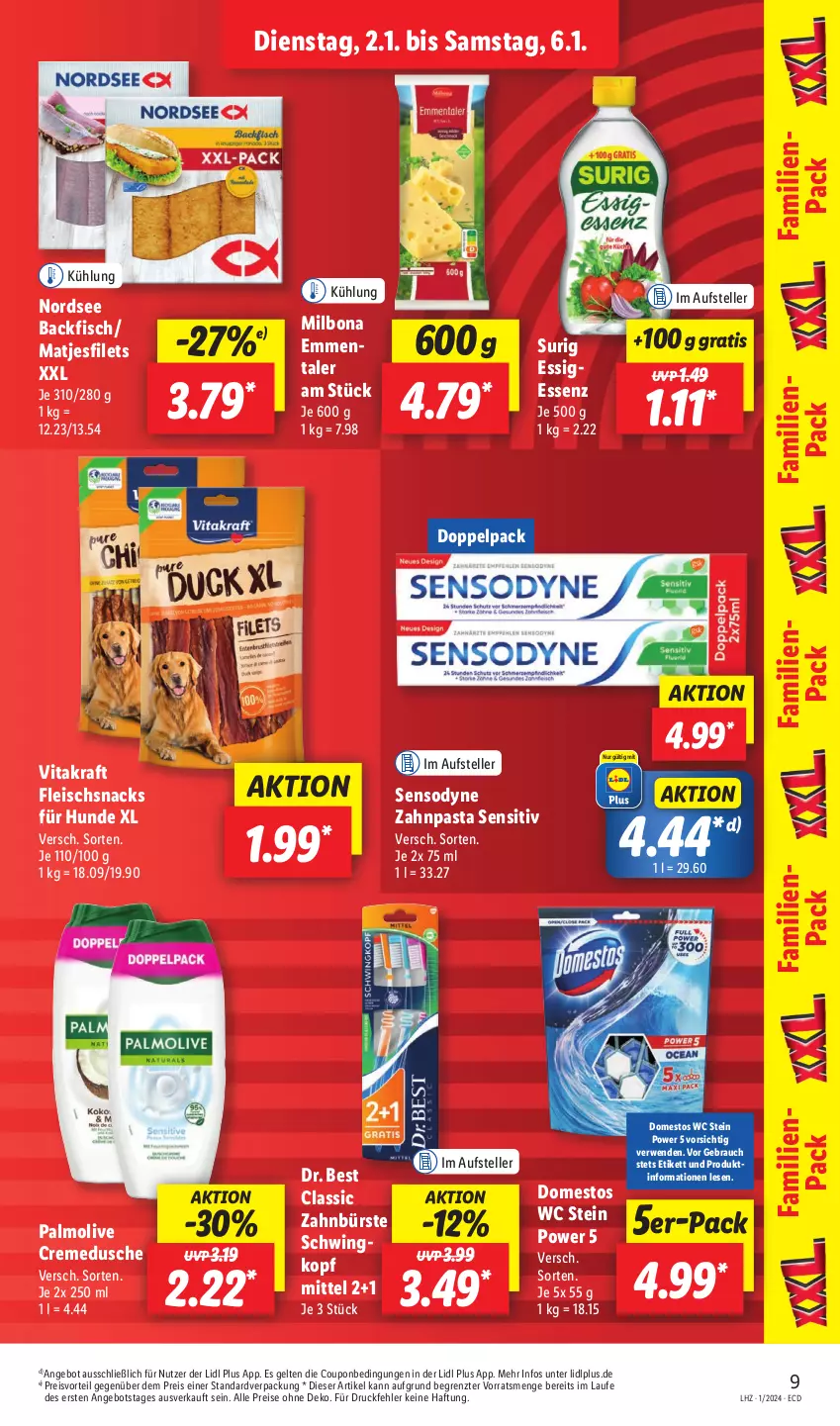 Aktueller Prospekt Lidl - Aktionsprospekt - von 02.01 bis 06.01.2024 - strona 11 - produkty: angebot, backfisch, Bona, bürste, coupon, creme, cremedusche, domestos, Dr. Best, dusche, eis, elle, emmentaler, essig, filet, filets, fisch, fleisch, kraft, matjes, Matjesfilet, matjesfilets, Milbona, Nordsee, olive, palmolive, pasta, preisvorteil, Rauch, reis, rwe, sensodyne, snack, snacks, teller, Ti, vita, vitakraft, zahnbürste, zahnpasta, ZTE