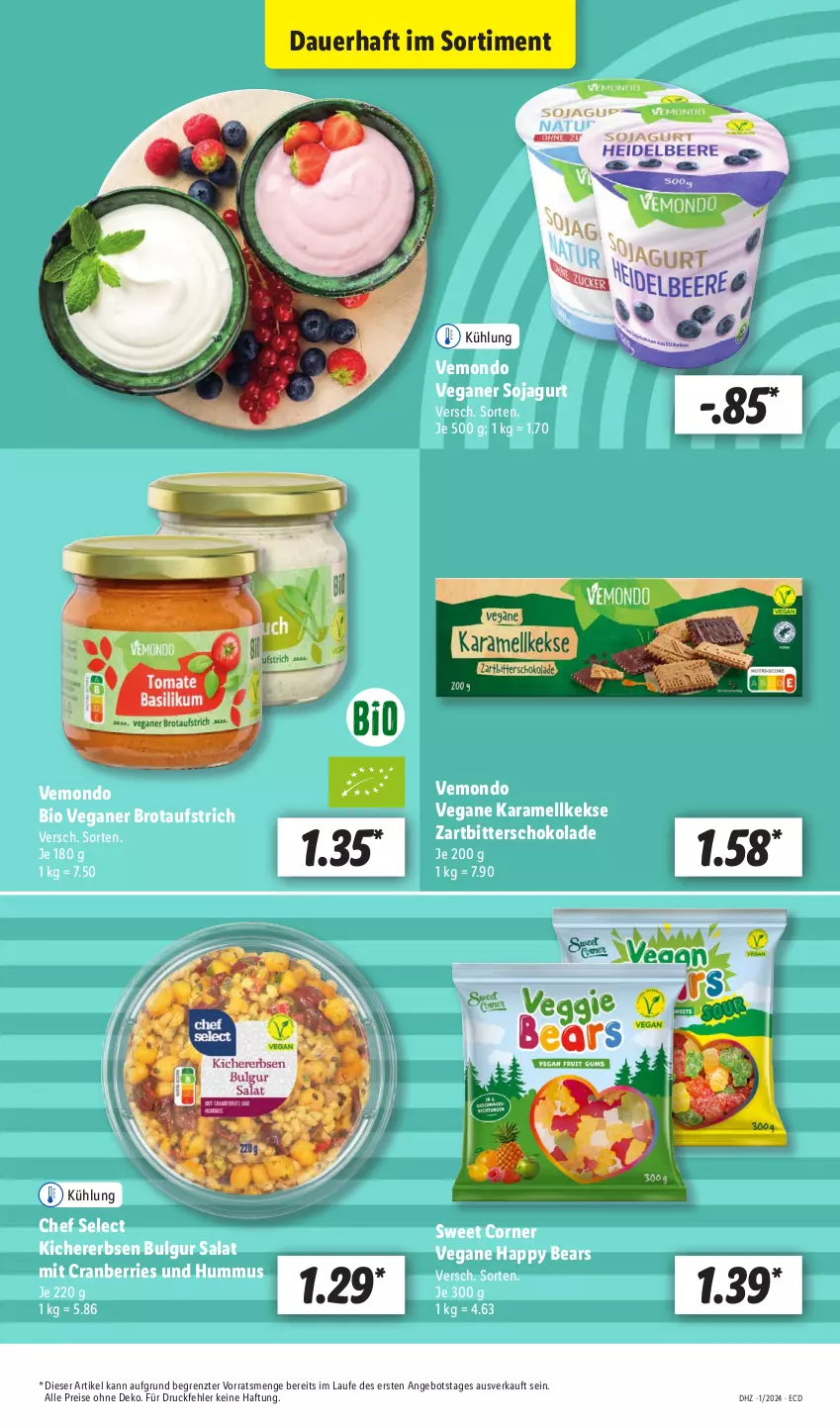 Aktueller Prospekt Lidl - Aktionsprospekt - von 02.01 bis 06.01.2024 - strona 17 - produkty: angebot, auer, aufstrich, bio, brot, brotaufstrich, bulgur, cranberries, eis, erbsen, hummus, karamell, keks, kekse, kichererbsen, LG, reis, salat, schoko, schokolade, soja, Ti, Zartbitterschokolade, ZTE