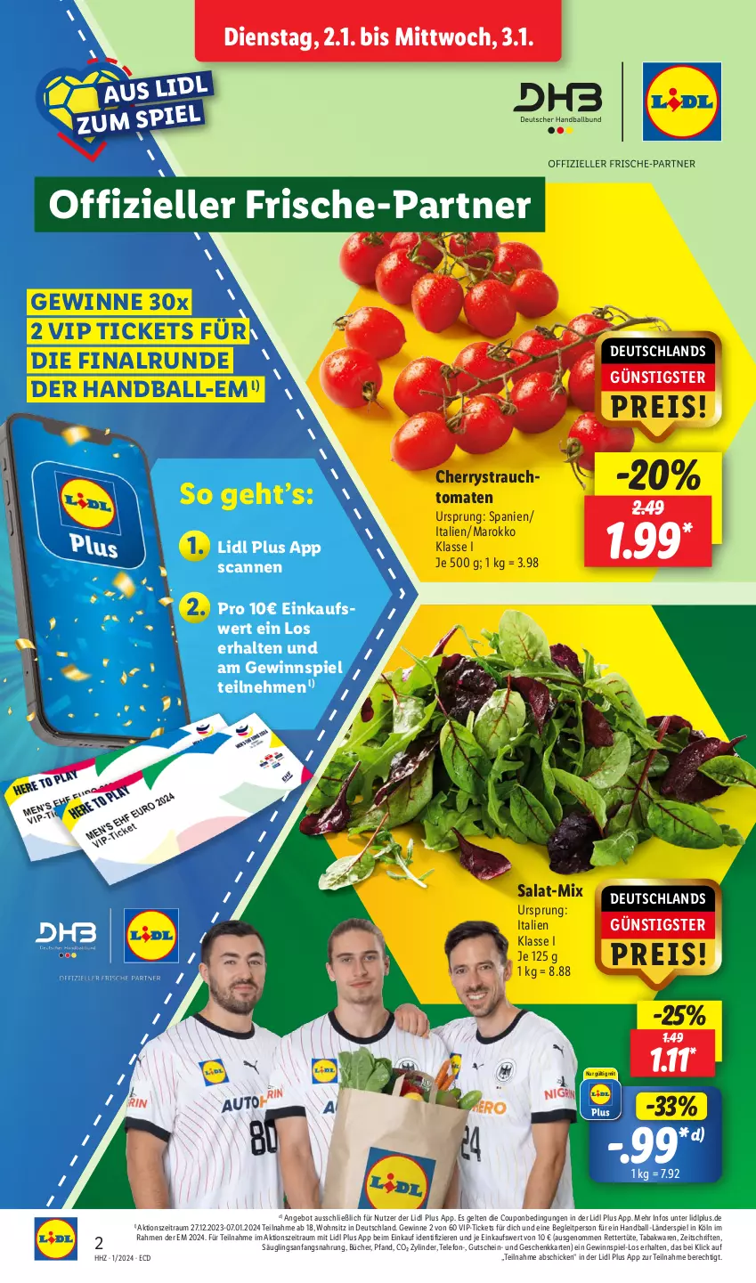 Aktueller Prospekt Lidl - Aktionsprospekt - von 02.01 bis 06.01.2024 - strona 2 - produkty: angebot, ball, coupon, eis, elle, gewinnspiel, gutschein, Rauch, reis, salat, strauchtomaten, telefon, Ti, tomate, tomaten, Tüte