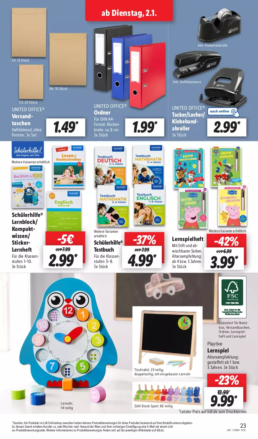 Aktueller Prospekt Lidl - Aktionsprospekt - von 02.01 bis 06.01.2024 - strona 29 - produkty: Bau, Beba, Brei, buch, eis, fenster, Klammern, lamm, Lernspiel, office, ordner, reis, Ria, Roller, Tasche, taschen, Ti, tisch, Tischtafel, uhr, weck, ZTE