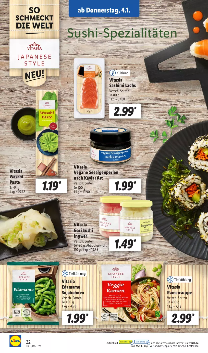 Aktueller Prospekt Lidl - Aktionsprospekt - von 02.01 bis 06.01.2024 - strona 38 - produkty: bohne, bohnen, ingwer, lachs, LG, mam, ndk, perlen, Schal, Schale, soja, Spezi, suppe, Sushi, Ti, vita, wasa