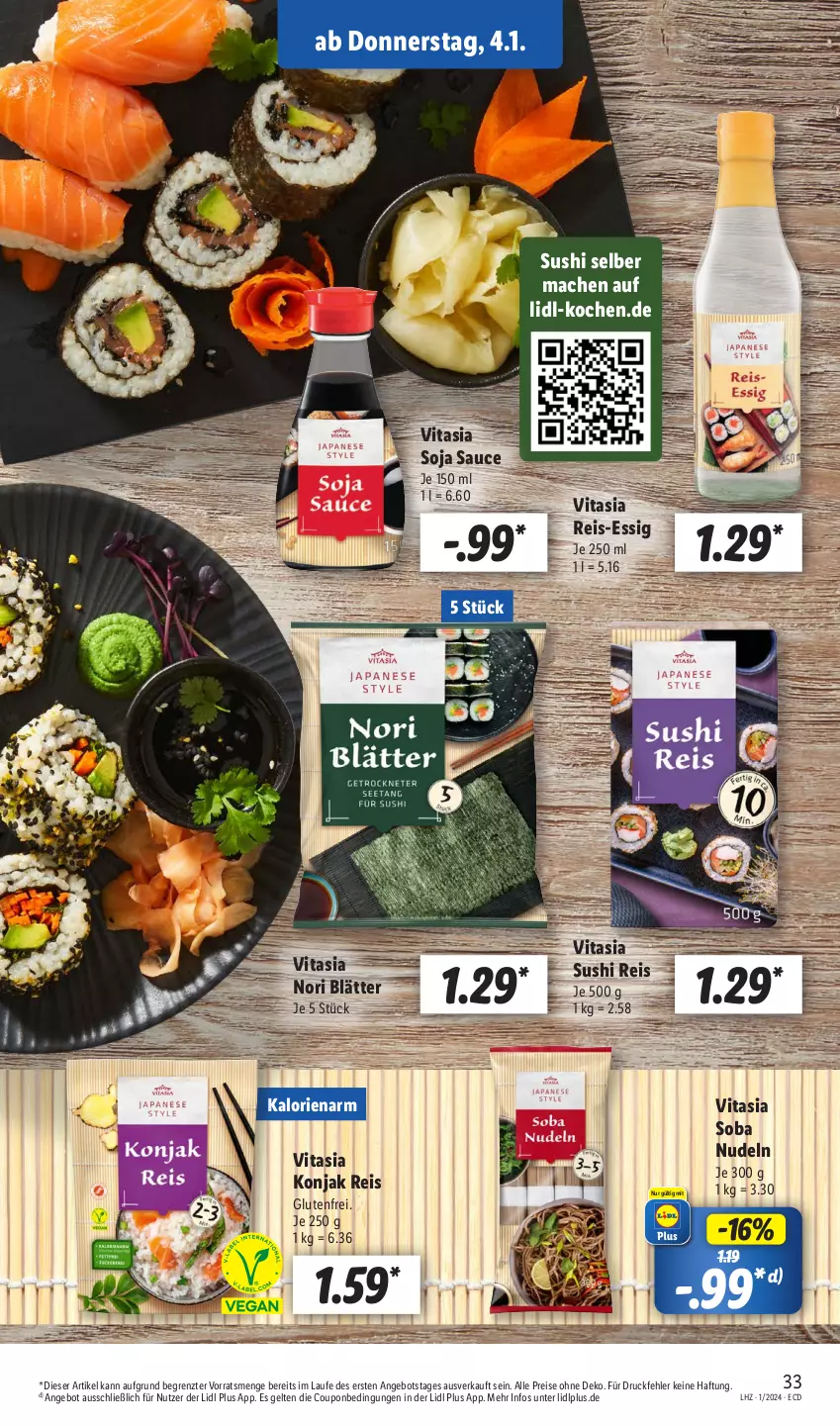 Aktueller Prospekt Lidl - Aktionsprospekt - von 02.01 bis 06.01.2024 - strona 39 - produkty: angebot, coupon, eis, essig, mac, nudel, nudeln, reis, sauce, soja, Sushi, Ti, vita, ZTE