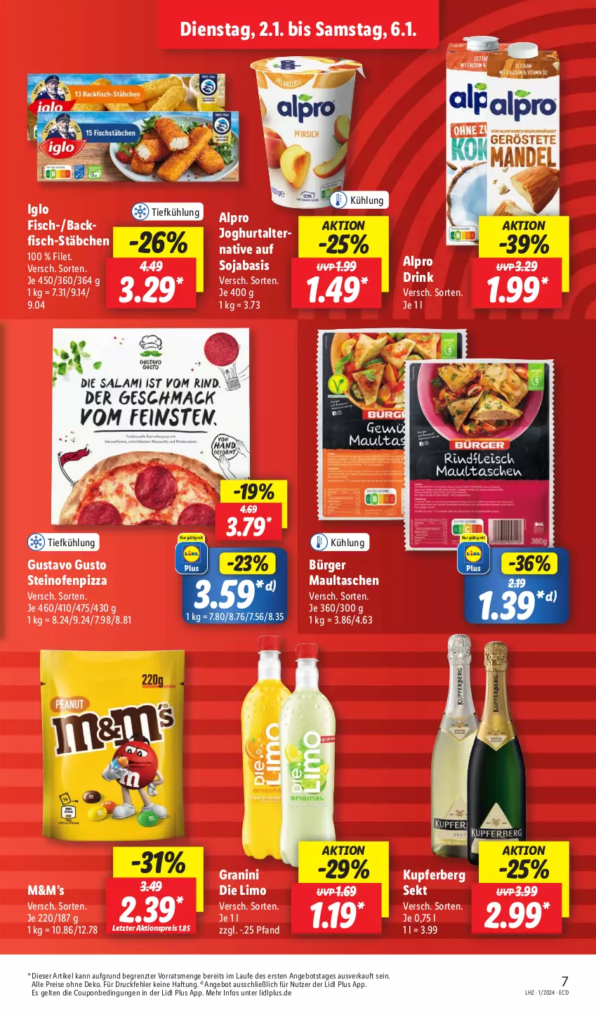 Aktueller Prospekt Lidl - Aktionsprospekt - von 02.01 bis 06.01.2024 - strona 9 - produkty: aktionspreis, alpro, angebot, backfisch, coupon, drink, eis, filet, fisch, granini, granini die limo, iglo, joghur, joghurt, limo, maultaschen, Ofen, pizza, reis, sekt, soja, steinofen, Tasche, taschen, Ti, ZTE