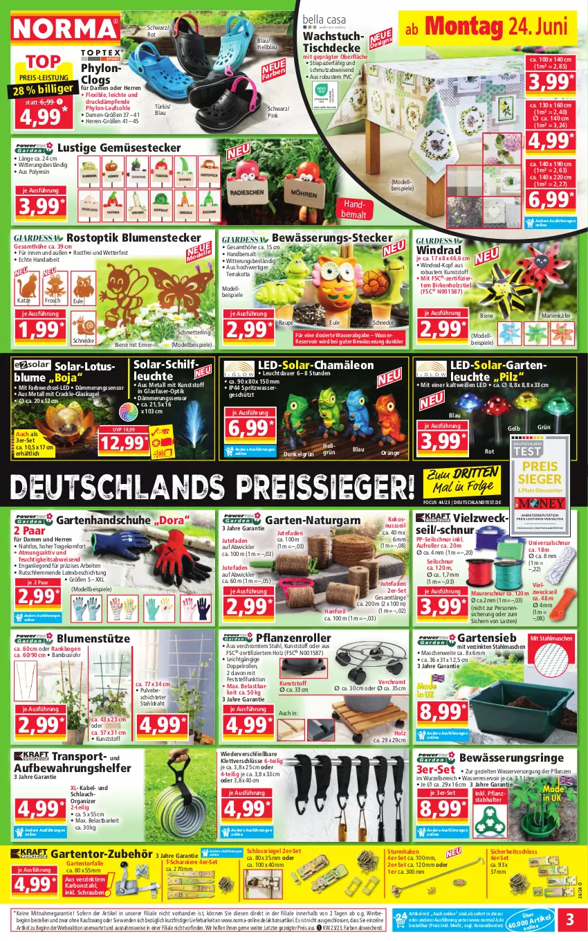 Aktueller Prospekt Norma - Norma - von 24.06 bis 01.07.2024 - strona 3 - produkty: auer, Bebe, blume, blumen, Clogs, decke, dell, Draht, eimer, eis, elle, Frosch, Garten, gin, Glaskugel, handschuhe, Holz, Hylo, käfer, kokos, kokosnuss, Kugel, Leuchte, LG, Liege, Lusti, Maurerschnur, Mett, Mode, natur, ndk, nuss, orange, pflanze, pflanzen, reis, reiss, riegel, ring, Roller, schlauch, Schmetterling, schrauben, schuhe, Seilschnur, Spiele, Sport, Ti, tisch, tischdecke, tuc, usb, Vielzweckseil, wachstuch, wasser, weck, WICK, ZTE